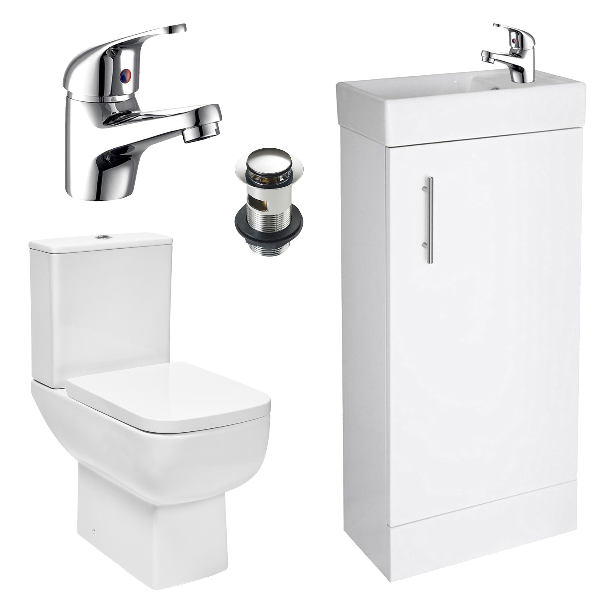 Bubly 400mm Gloss White Freestanding Vanity Unit, Basin, Close Coupled Dual Flush Toilet & Chrome Tap Set