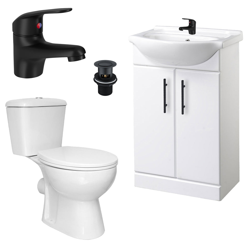 Bubly Bathrooms™ 550mm White Gloss Freestanding Vanity Unit, Close Coupled Toilet & Matt Black Tap Set