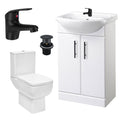 Bubly Bathrooms™ 550mm Gloss White Vanity Unit & Ceramic Basin, Square Close Coupled WC & Matt Black Tap Set