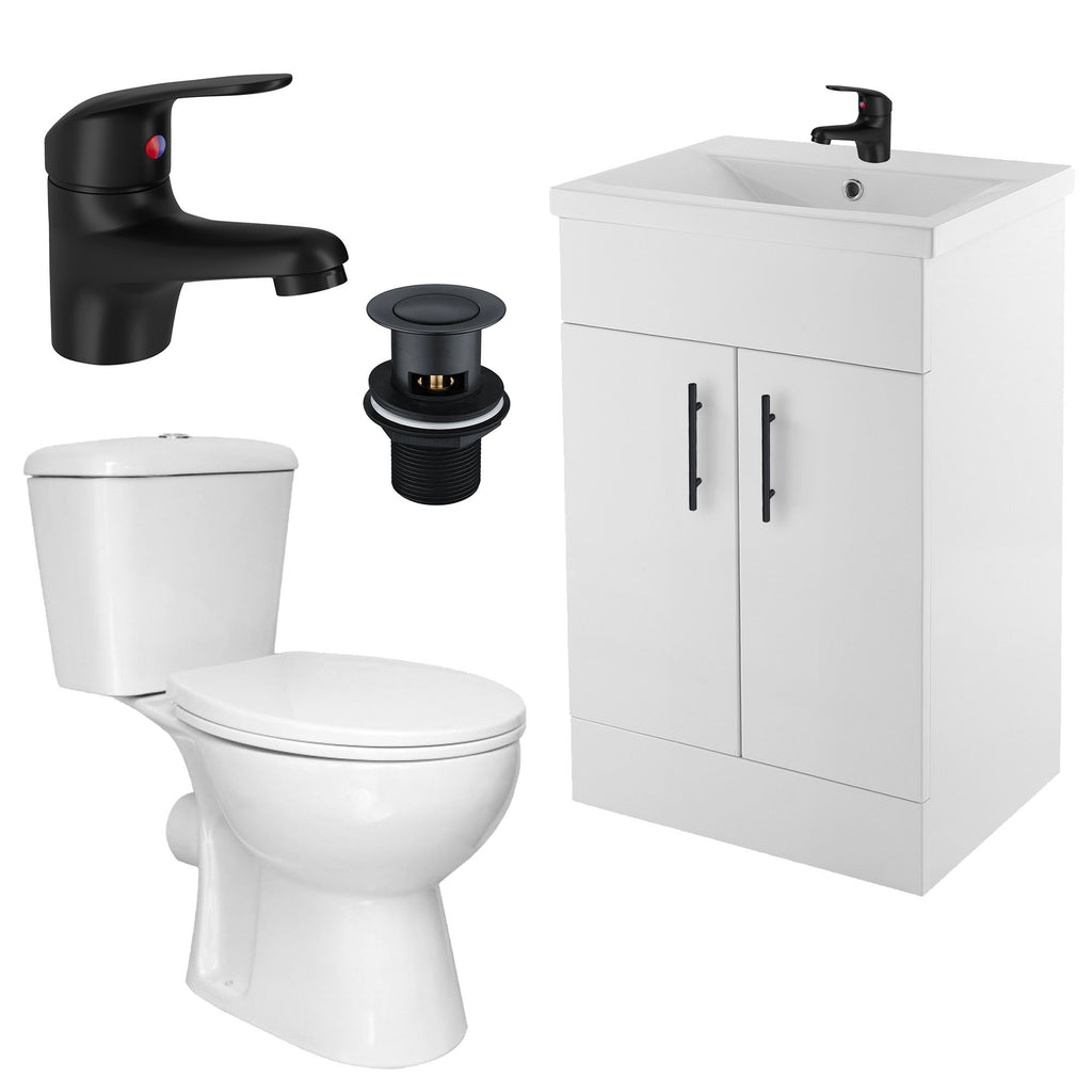Bubly Bathrooms™ 600mm Freestanding Gloss White Vanity Unit & Basin Set with D-Shape WC & Matt Black Tap