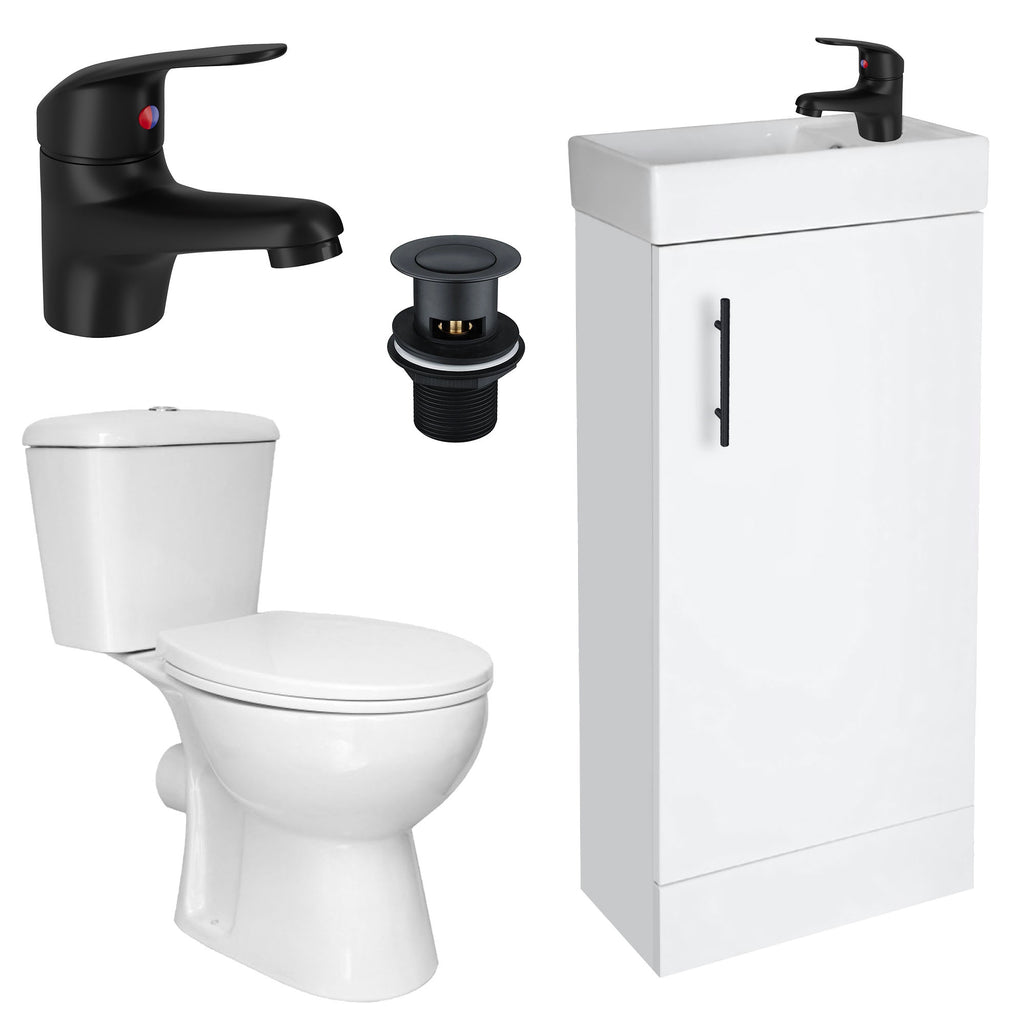 Bubly 400mm Compact White Gloss Vanity Unit with Basin, D-Shape Close Coupled Toilet & Matt Black Tap Set