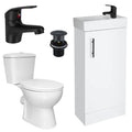 Bubly 400mm Compact White Gloss Vanity Unit with Basin, D-Shape Close Coupled Toilet & Matt Black Tap Set