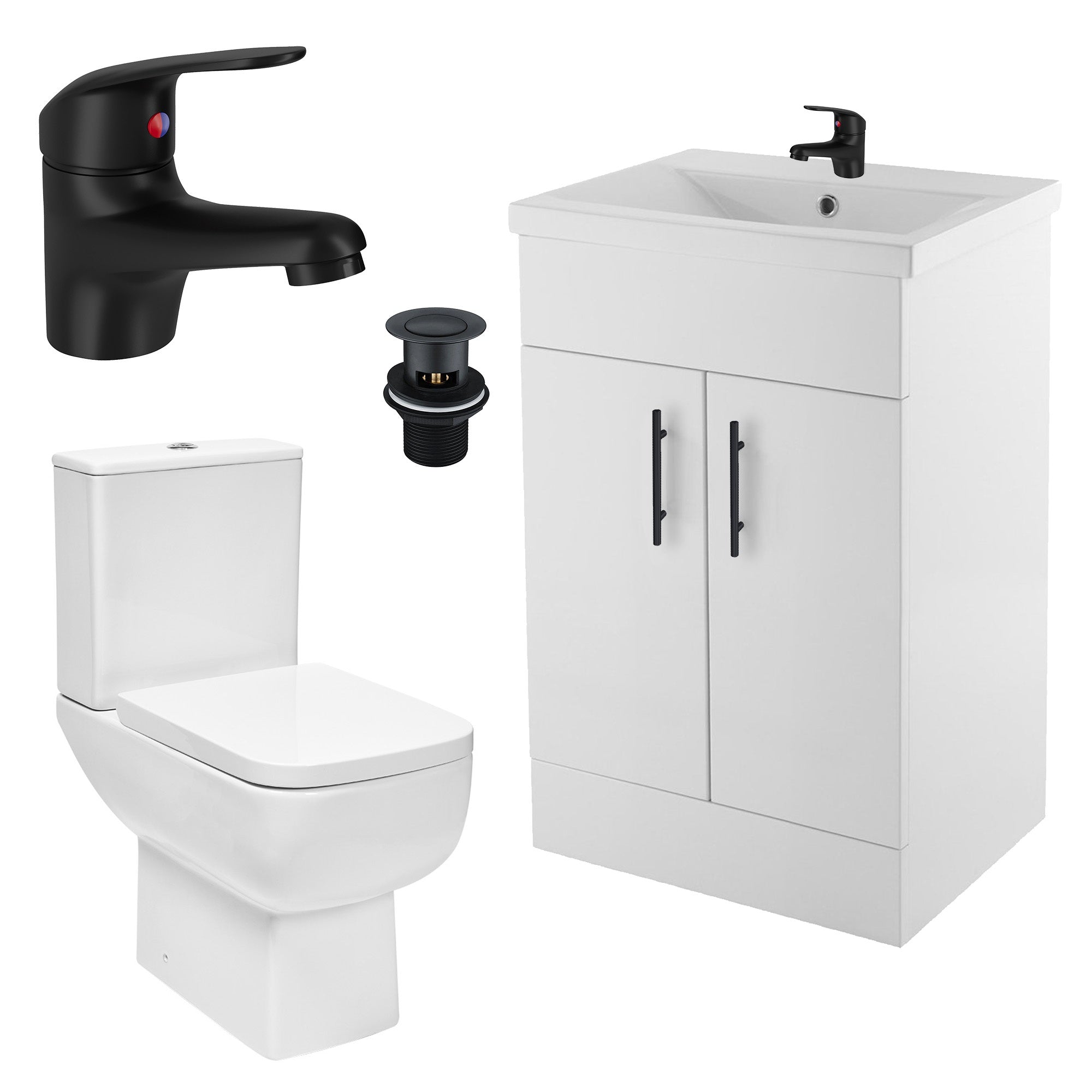 Bubly Bathrooms™ 600mm Freestanding Gloss White Vanity, Ceramic Basin, WC & Matt Black Tap Set