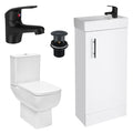 Bubly Bathrooms™ 400mm Compact White Vanity Unit & Basin with Close Coupled Dual Flush Toilet & Matt Black Tap Set