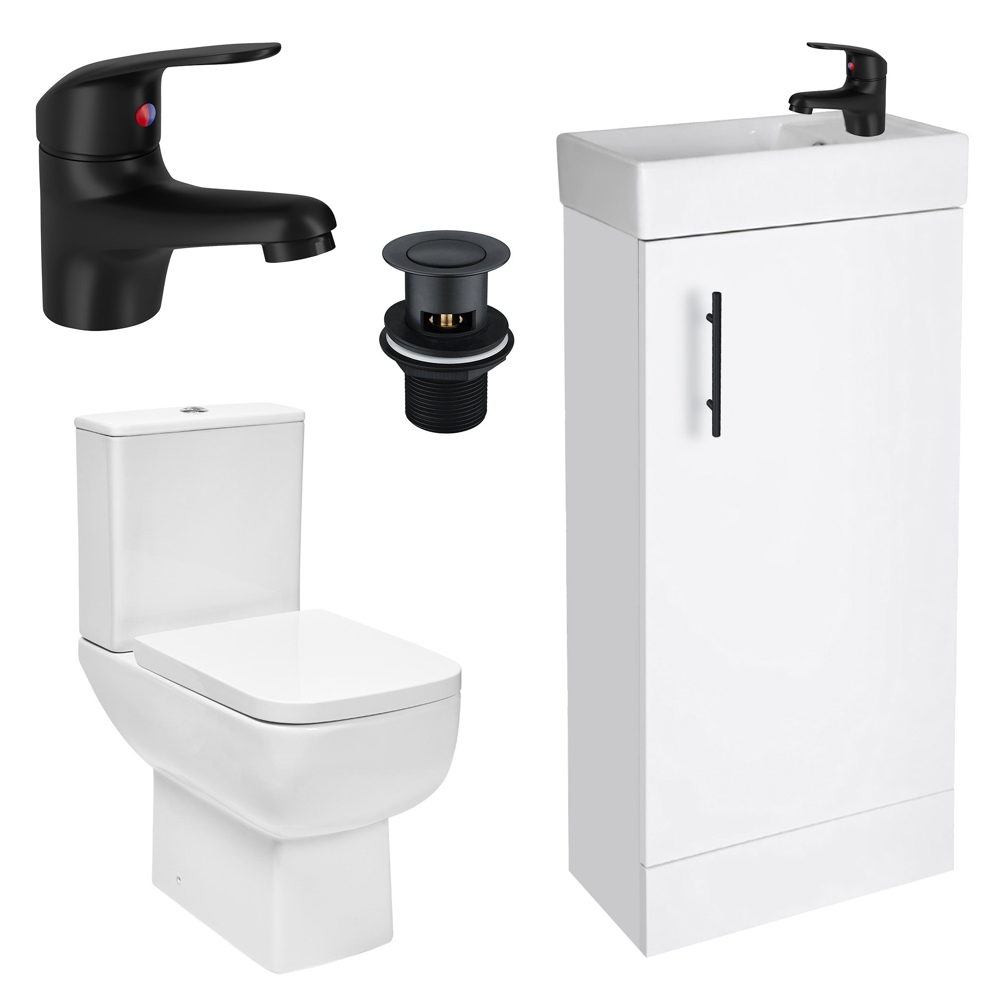 Bubly Bathrooms™ 400mm Compact White Vanity Unit & Basin with Close Coupled Dual Flush Toilet & Matt Black Tap Set