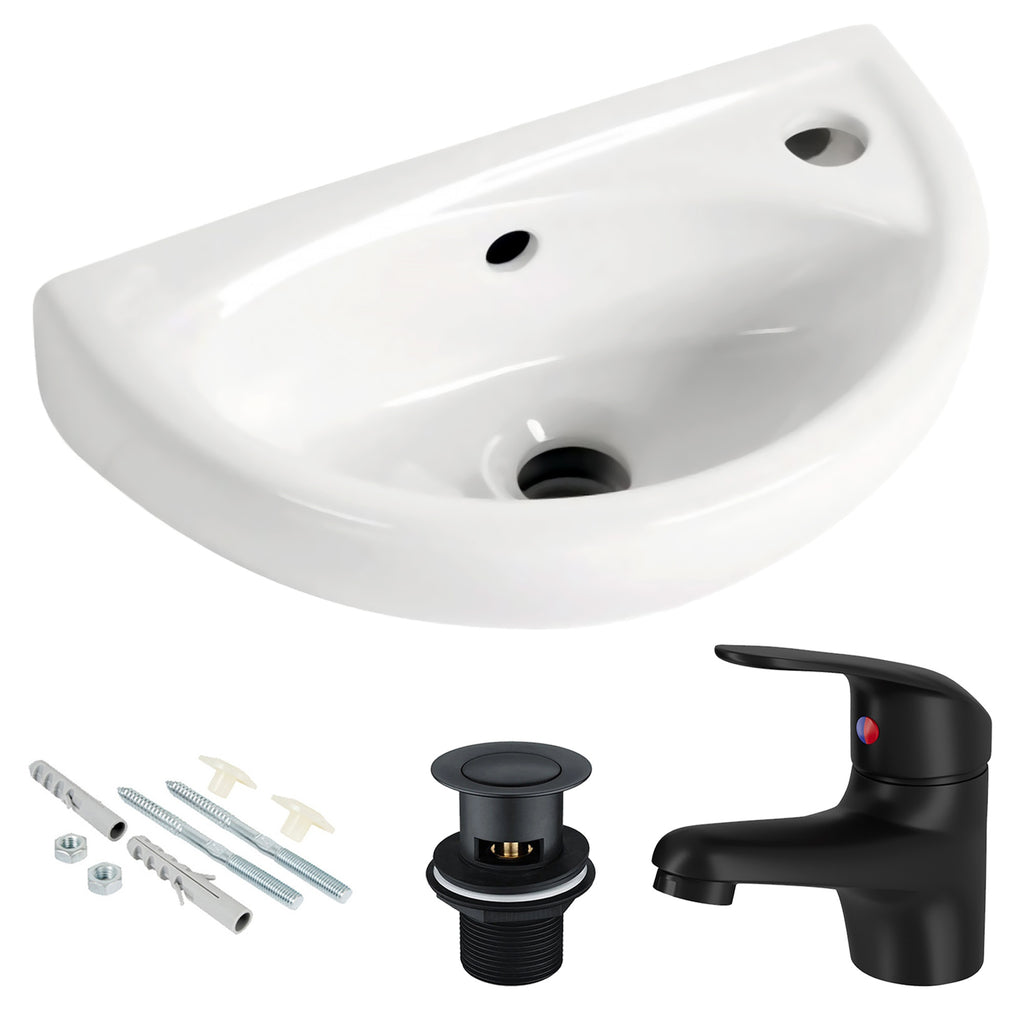 Compact Wall Hung Cloakroom Basin & Matt Black Tap Set - Space-Saving Bathroom Sink with Waste