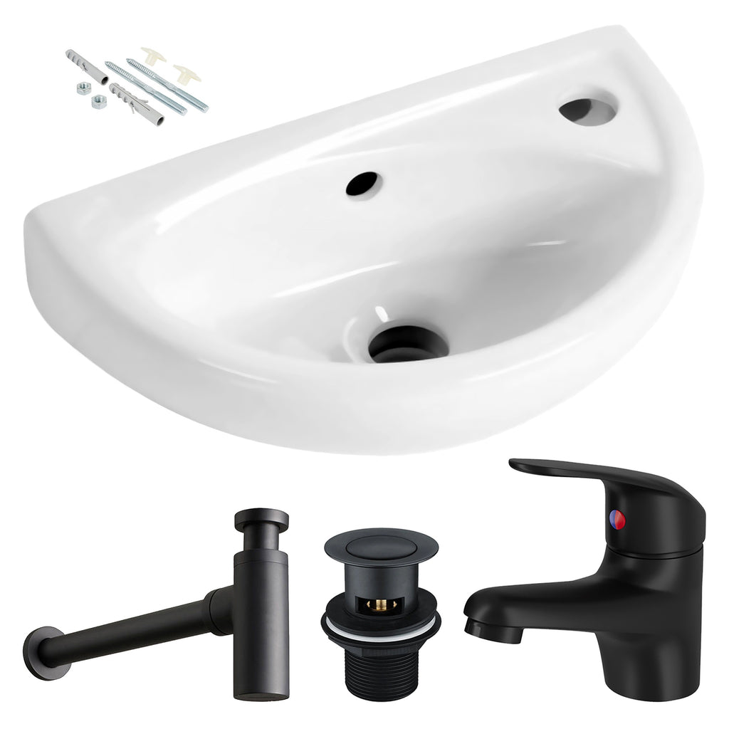 Compact Wall-Hung Basin Set with Matt Black Tap, Slotted Waste & Bottle Trap