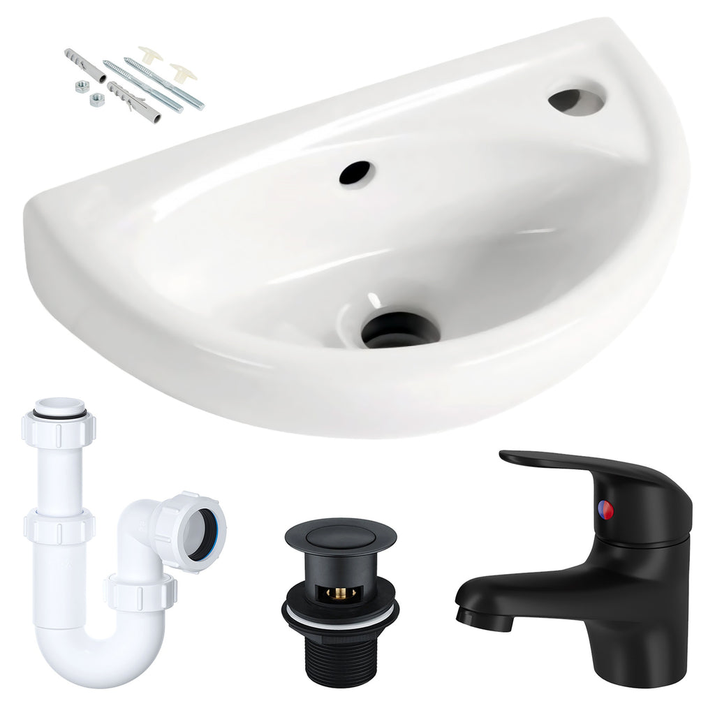 Compact Wall-Hung Ceramic Cloakroom Basin & Matt Black Tap Set with Pop-Up Waste & P-Trap