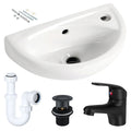 Compact Wall-Hung Ceramic Cloakroom Basin & Matt Black Tap Set with Pop-Up Waste & P-Trap