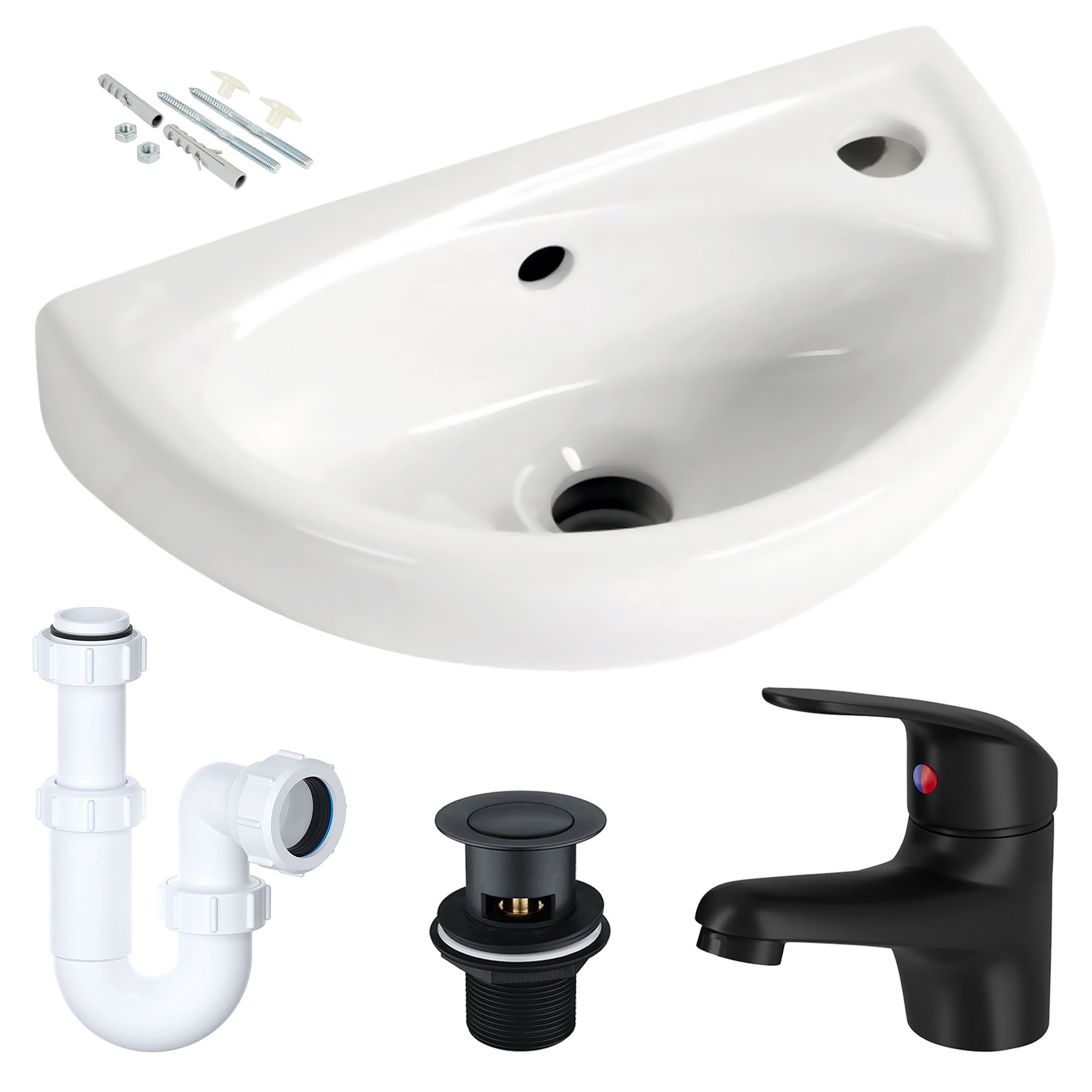 Compact Wall-Hung Ceramic Cloakroom Basin & Matt Black Tap Set with Pop-Up Waste & P-Trap