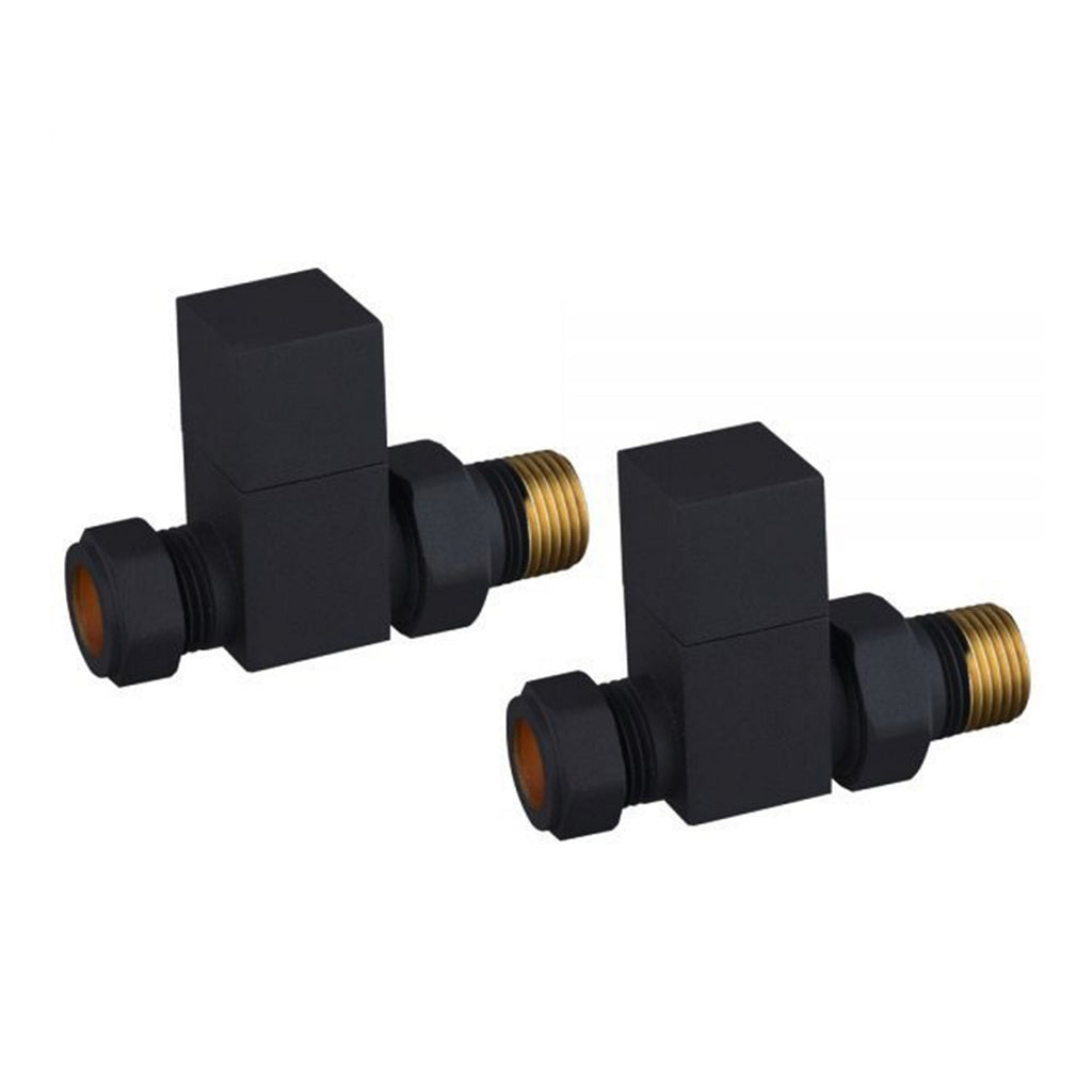 Matt Black Square Straight Manual Radiator Valves - 15mm x R 1/2" Brass Pair for DIY