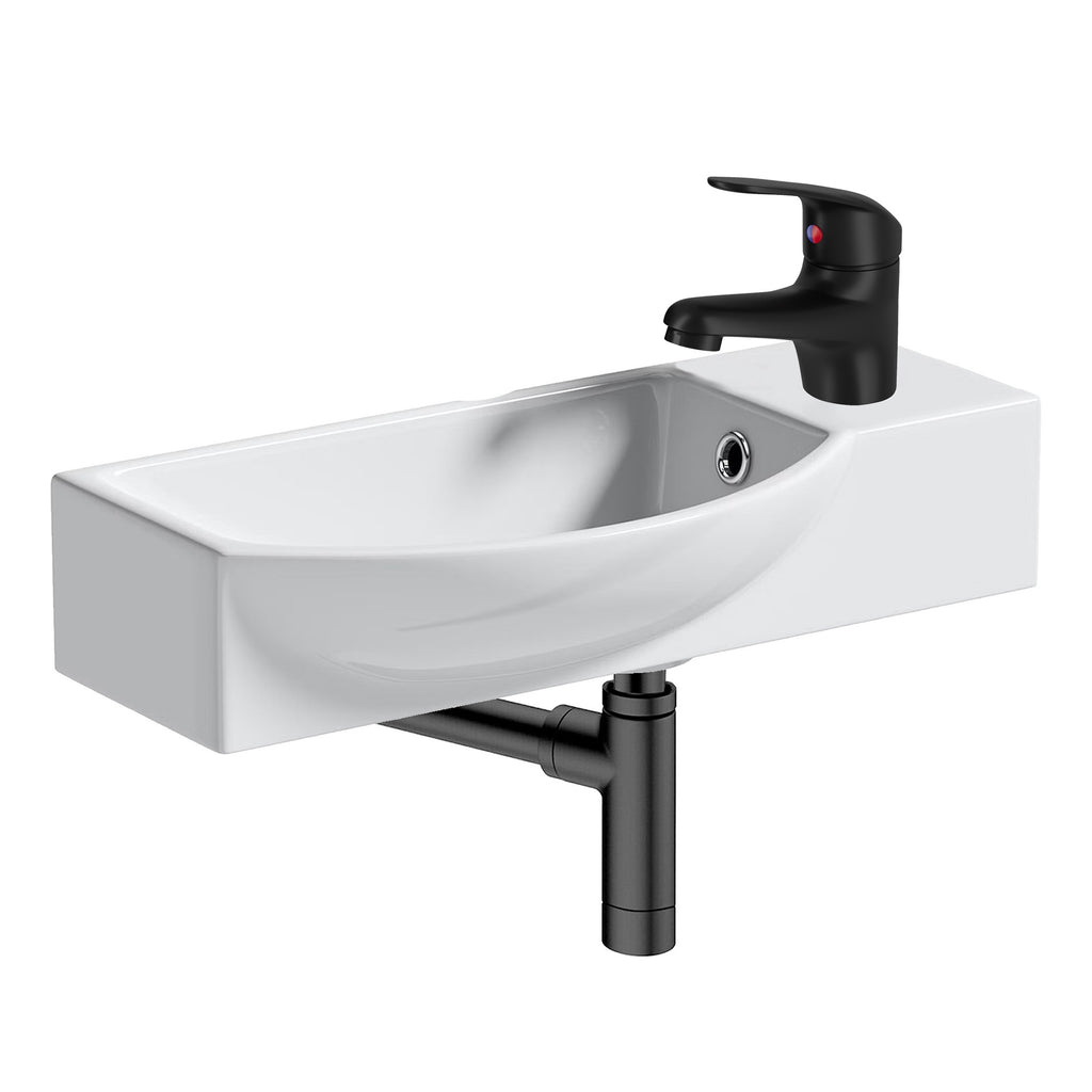 510mm Curved Wall-Hung Cloakroom Basin & Matt Black Tap with Waste Kit