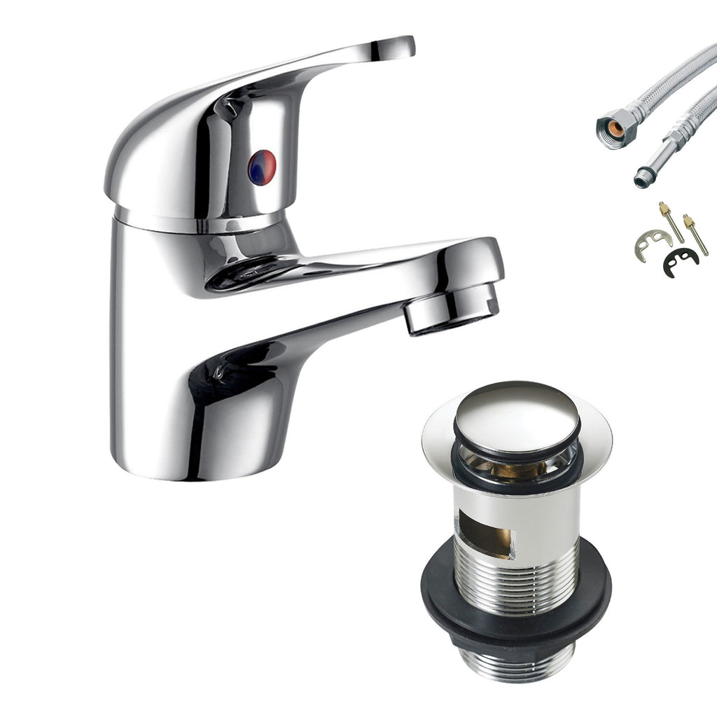 Modern Chrome Single Lever Basin Mixer Tap with Clicker Waste & Flexi Hoses for UK Bathrooms