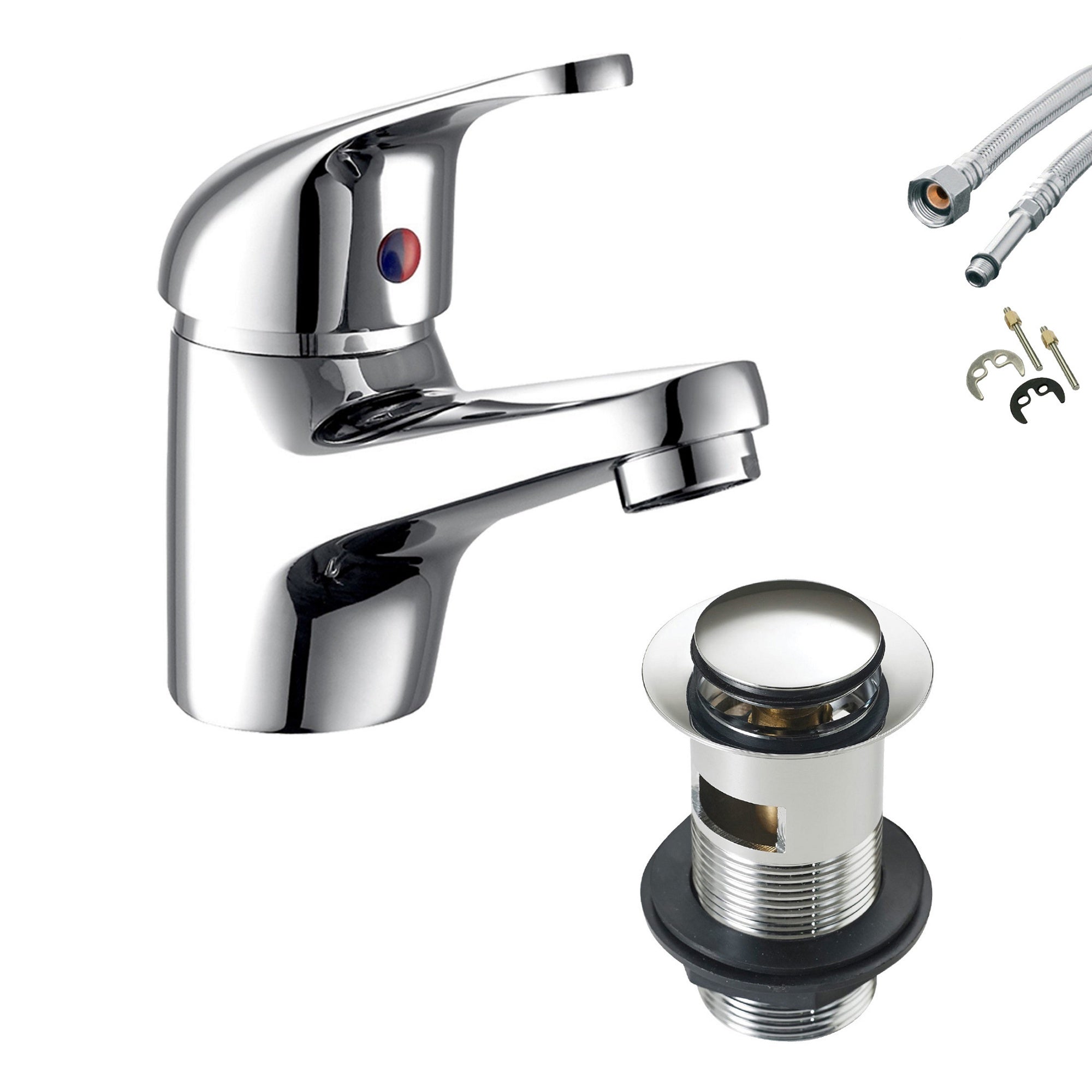 Modern Chrome Single Lever Basin Mixer Tap with Clicker Waste & Flexi Hoses for UK Bathrooms