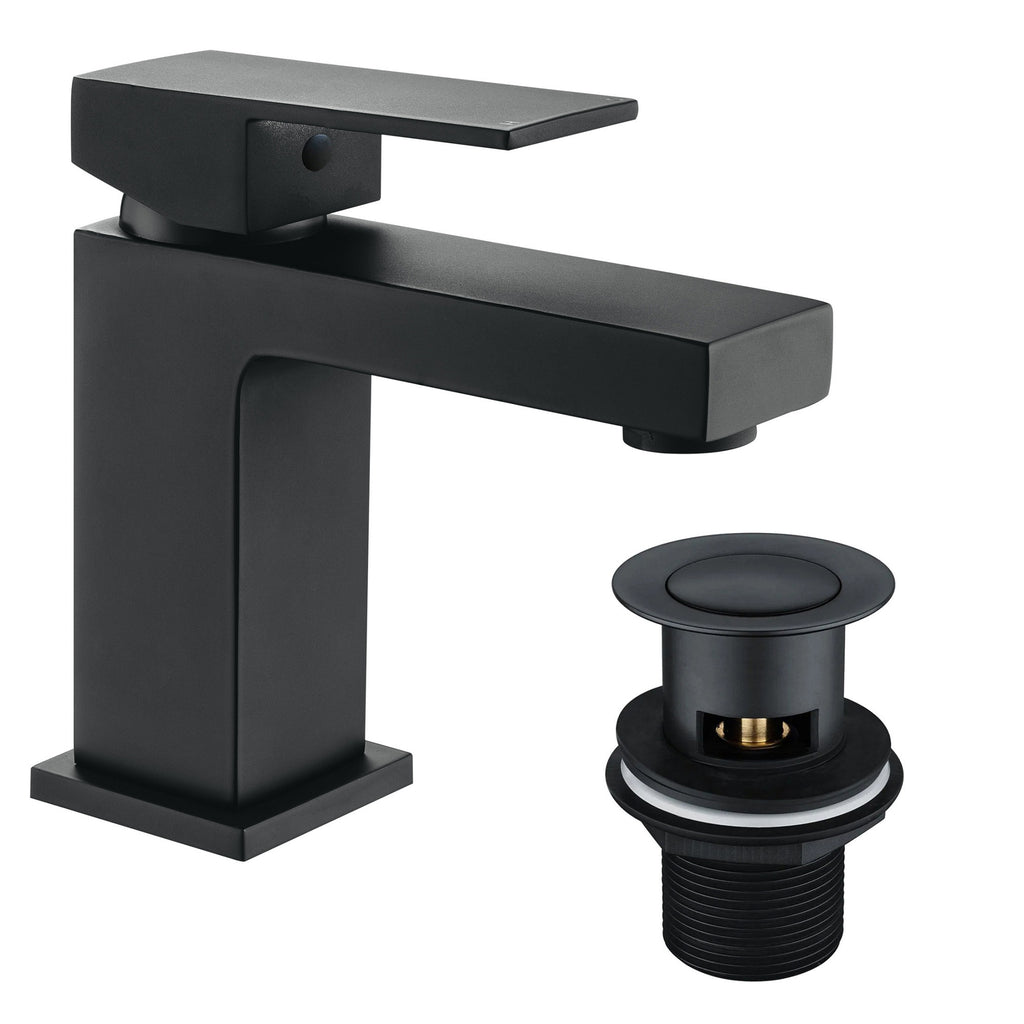 Modern Matt Black Square Bathroom Basin Sink Mono Mixer Tap with Waste - Solid Brass Deck Mounted