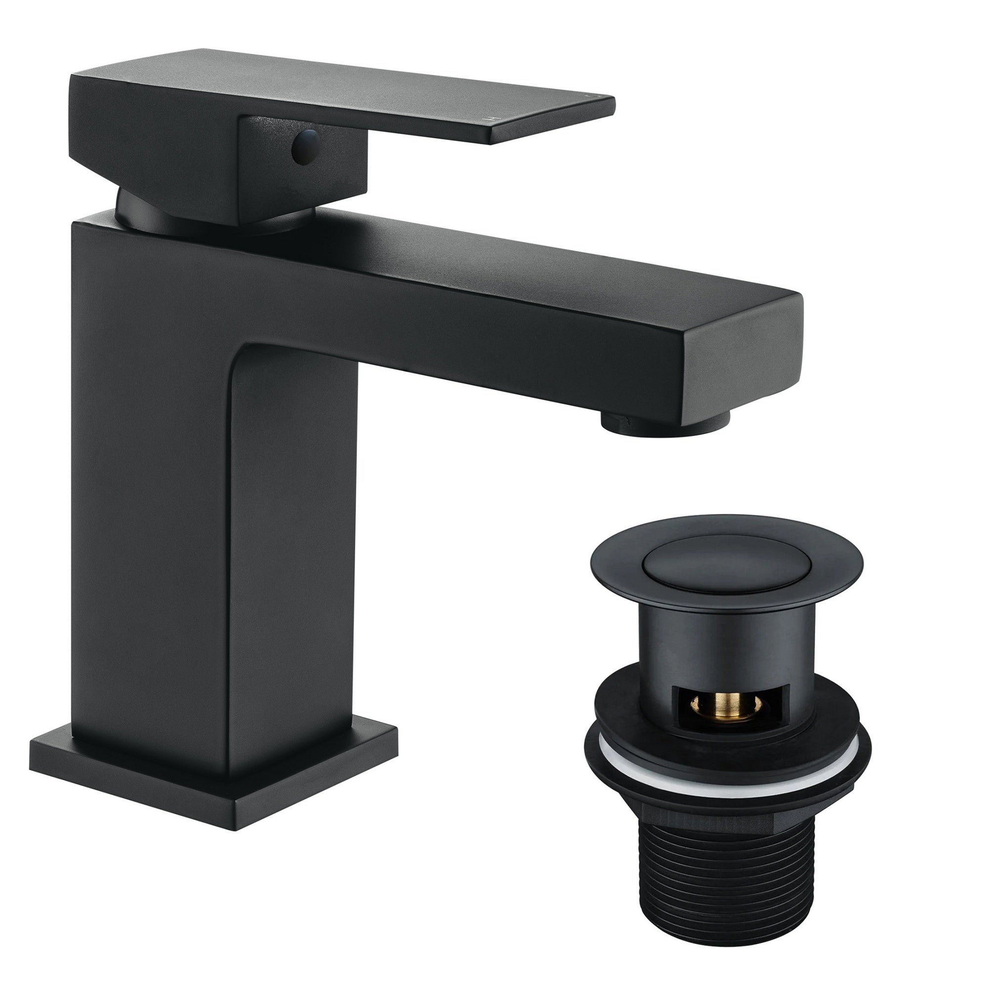Modern Matt Black Square Bathroom Basin Sink Mono Mixer Tap with Waste - Solid Brass Deck Mounted