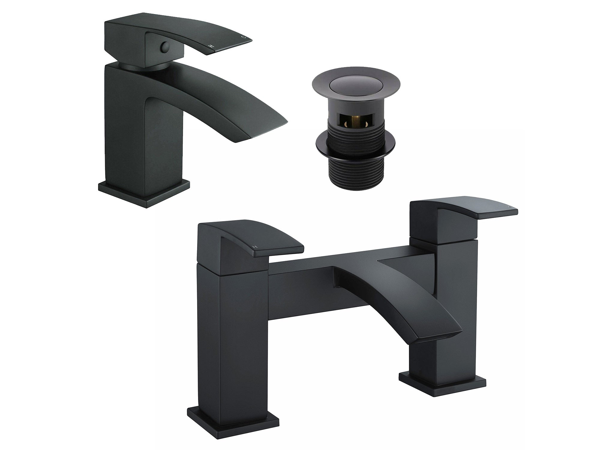 Bathroom WATERFALL Black Matt Basin Sink Mono Mixer & Bath Filler Mixer Tap Lever Tap