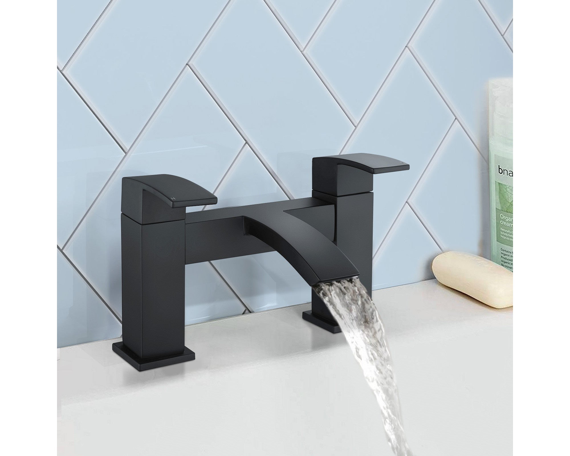 Matt Black Waterfall Bath Filler Mixer Tap Twin Lever Handles Deck Mounted