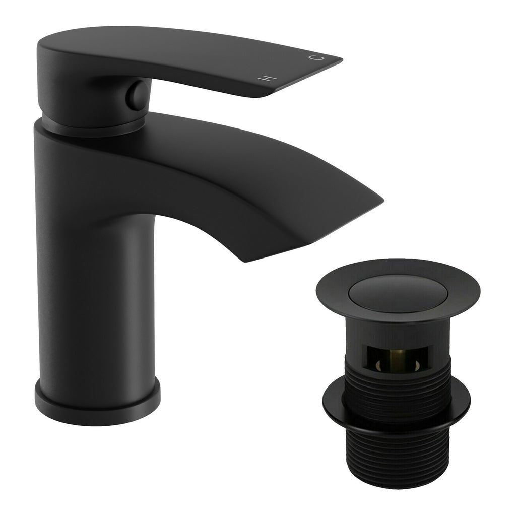 Bubly Bathrooms™ Luxury Waterfall Black Matt Basin Mixer Tap with Slotted Waste & Single Lever Control