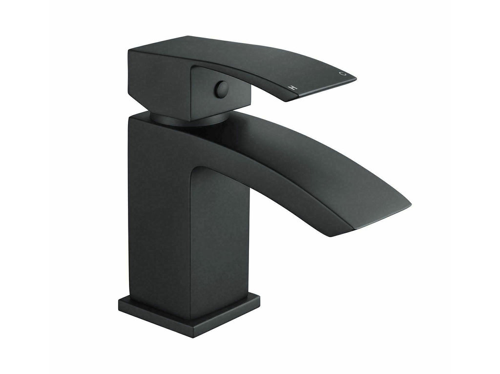 Bubly Bathrooms™ Bathroom Waterfall Black Matt Basin Sink Mono Mixer Single Lever Tap & Waste
