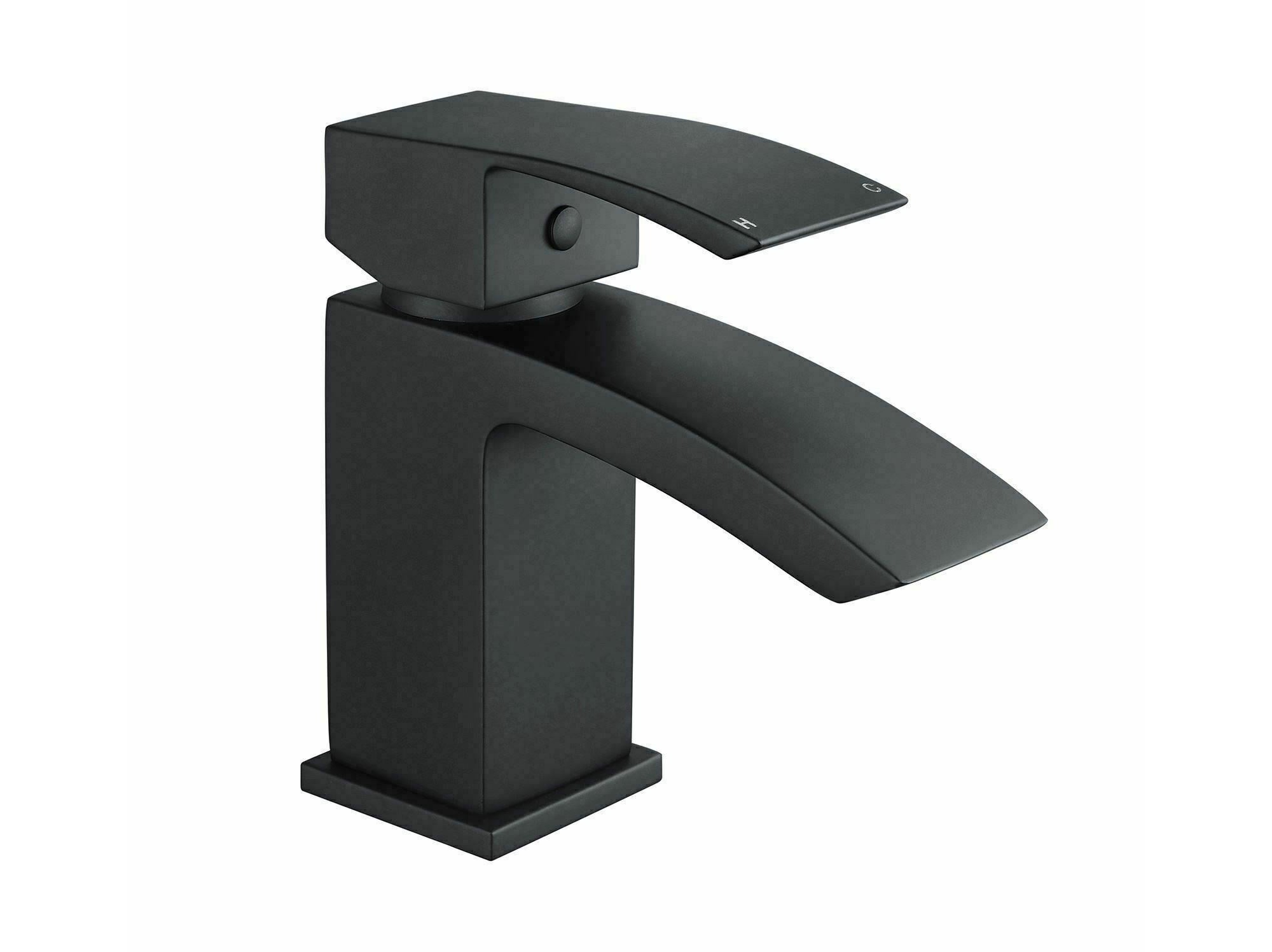 Bubly Bathrooms™ Bathroom Waterfall Black Matt Basin Sink Mono Mixer Single Lever Tap & Waste