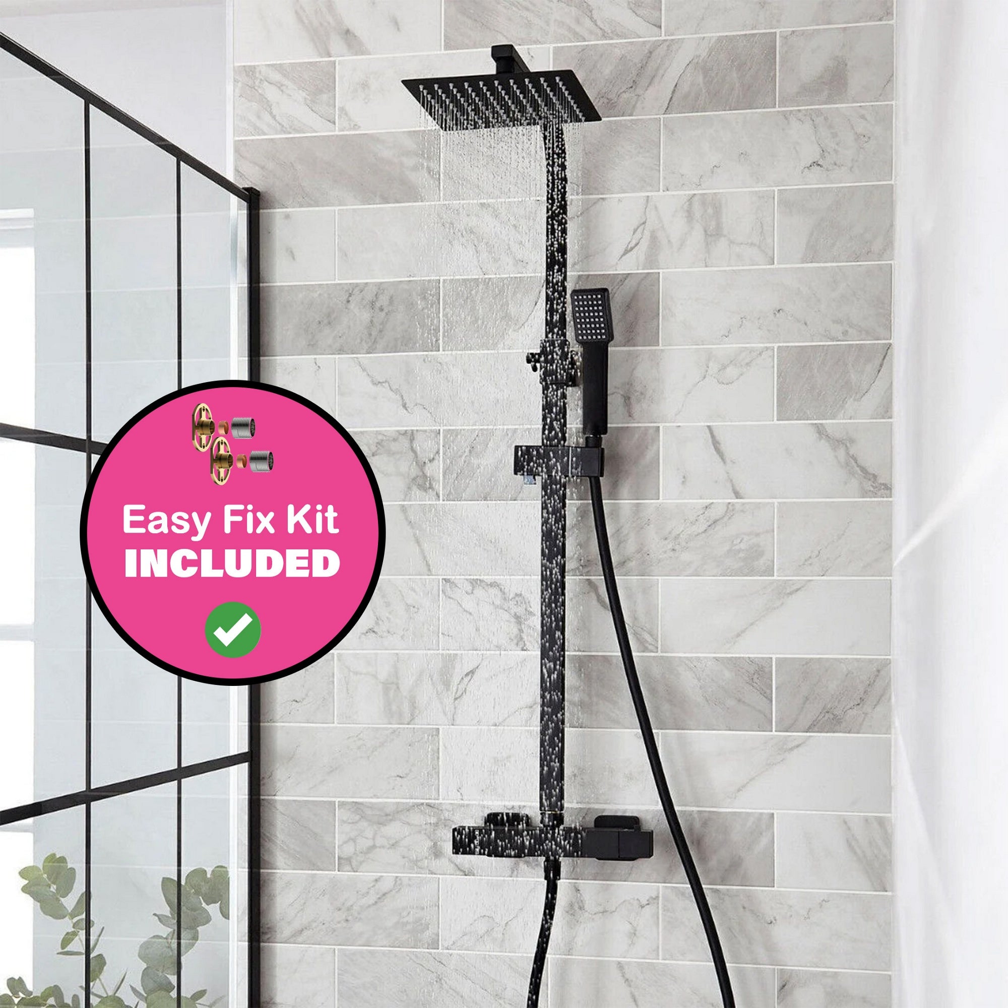 Matt Black Square Overhead Thermostatic Rigid Riser Shower Kit Adjustable Height