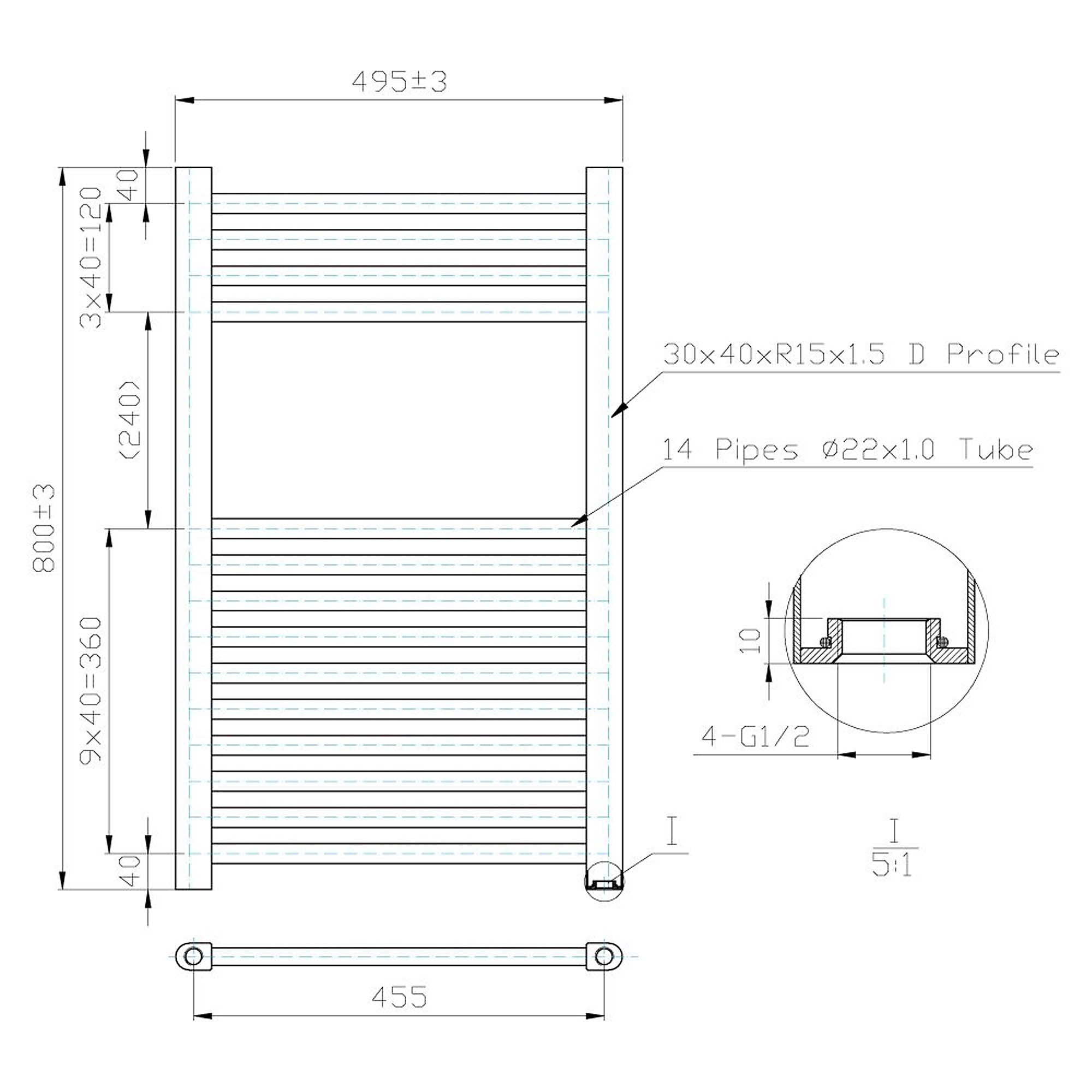 500x800mm Matt Black Heated Towel Warmer Ladder Rail Radiator