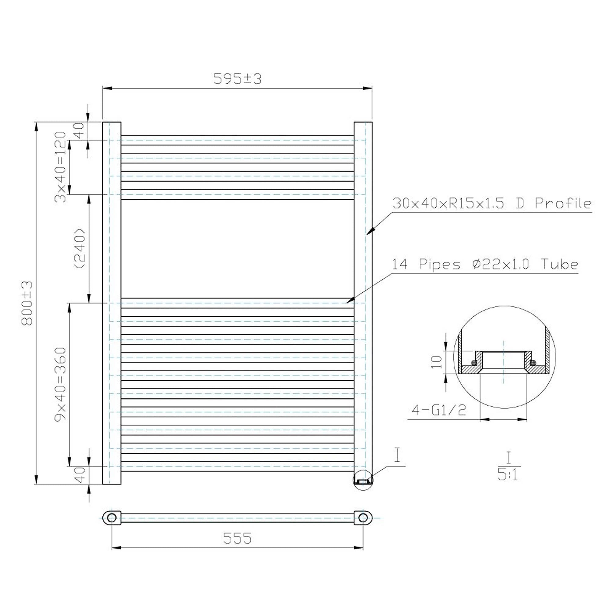 600x800mm Matt Black Heated Towel Warmer Ladder Rail Radiator