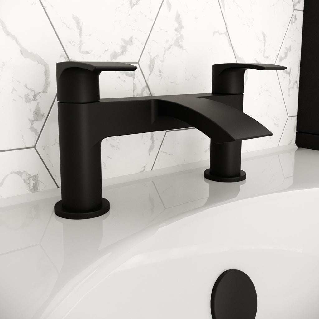 Modern Matt Black Waterfall Bath Filler Tap - Twin Lever, Deck Mounted, Ceramic Disc