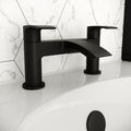 Modern Matt Black Waterfall Bath Filler Tap - Twin Lever, Deck Mounted, Ceramic Disc