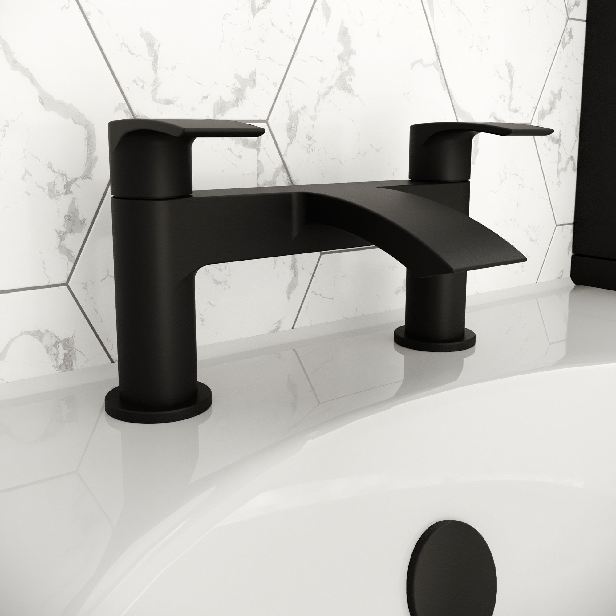 Modern Matt Black Waterfall Bath Filler Tap - Twin Lever, Deck Mounted, Ceramic Disc