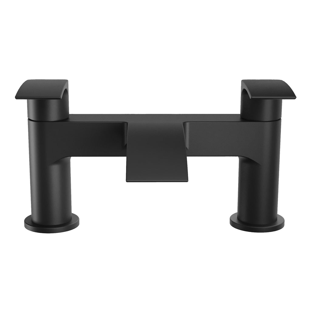 Modern Matt Black Waterfall Bath Filler Tap - Twin Lever, Deck Mounted, Ceramic Disc
