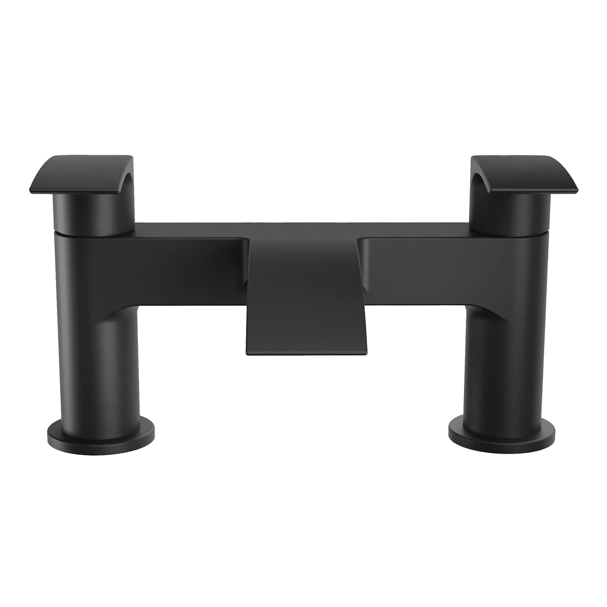 Modern Matt Black Waterfall Bath Filler Tap - Twin Lever, Deck Mounted, Ceramic Disc