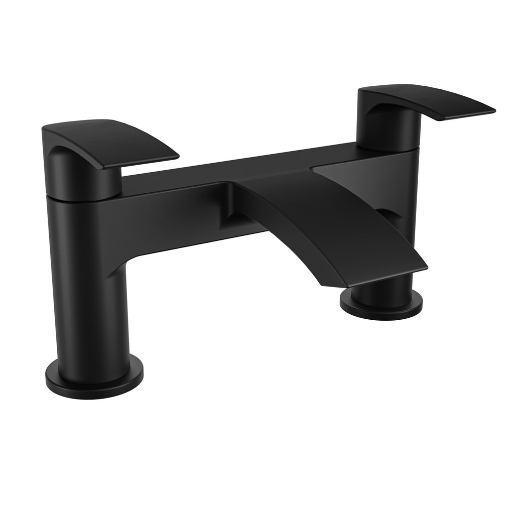 Modern Matt Black Waterfall Bath Filler Tap - Twin Lever, Deck Mounted, Ceramic Disc