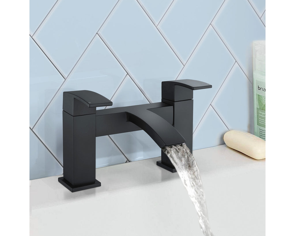 Black Matt Waterfall Basin & Bath Filler Tap Lever Square Deck Mounted Inc. Bath Waste