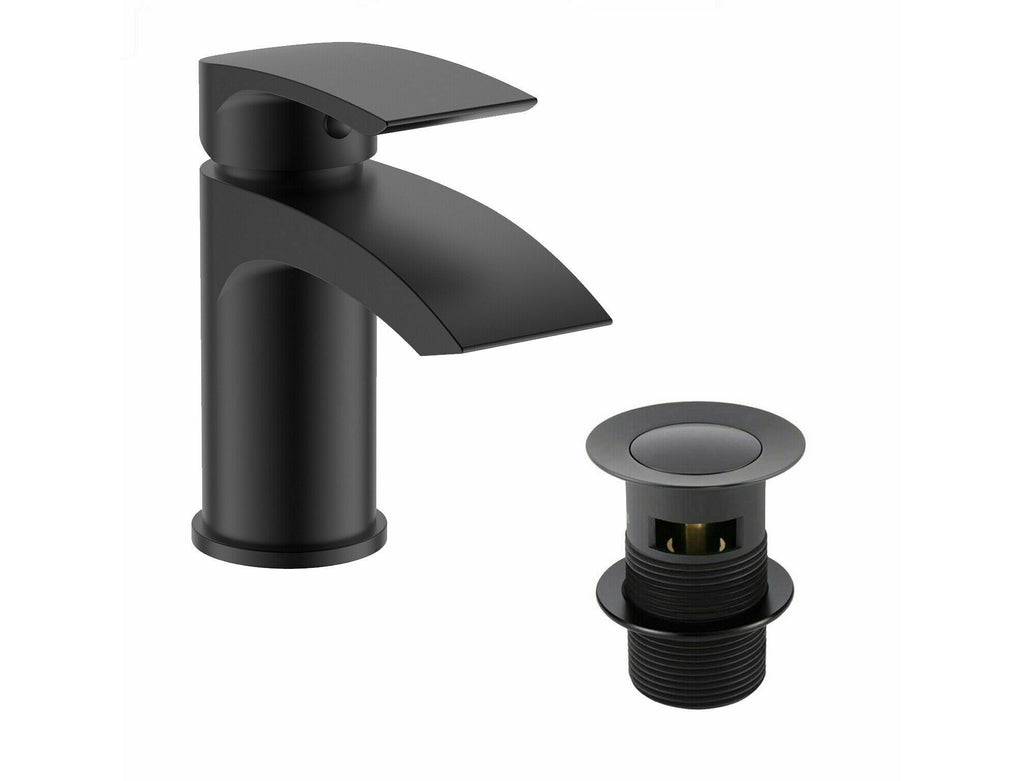 Black Matt Waterfall Basin & Bath Filler Tap Lever Square Deck Mounted Modern Inc. Bath Waste