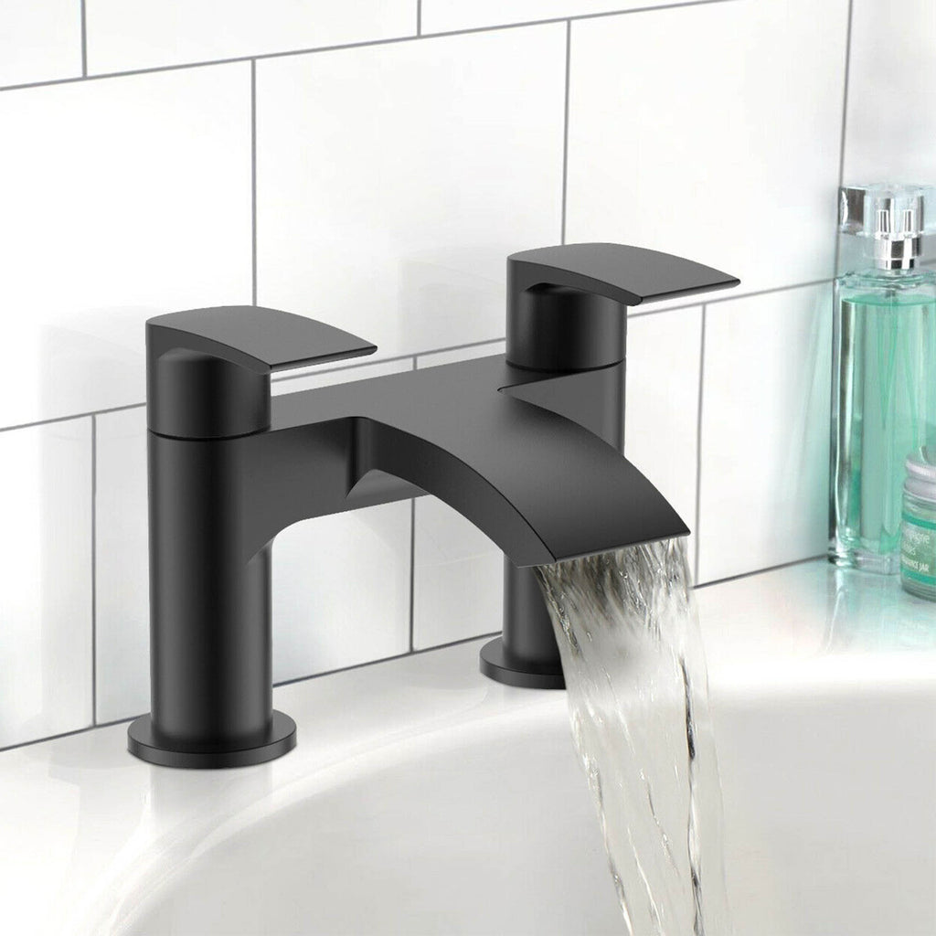 Black Matt Waterfall Basin & Bath Filler Tap Lever Square Deck Mounted Modern Inc. Bath Waste