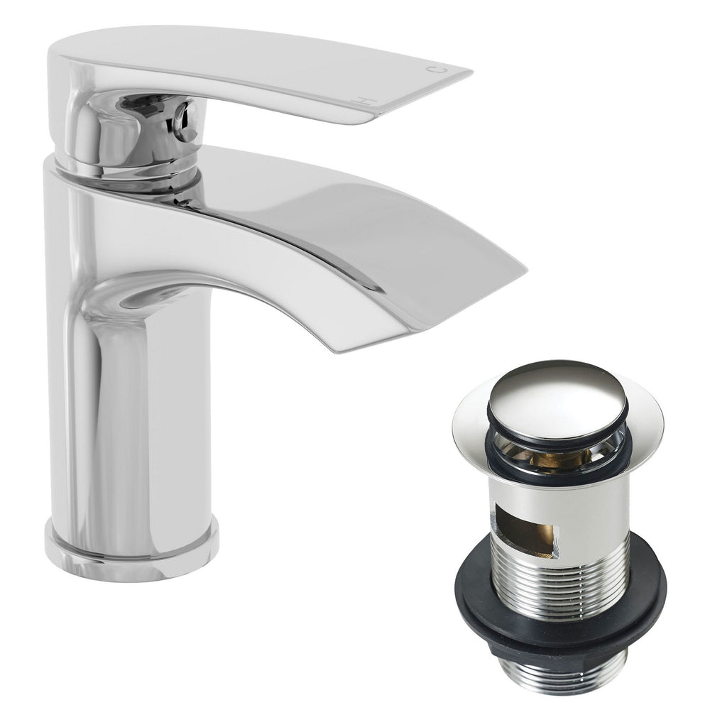 White 400 Vanity Basin Sink Unit & Sleek Waterfall Basin Tap & Waste - Chrome