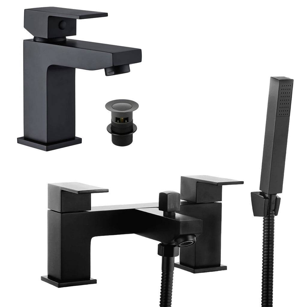 Matt Black Square Basin & Bath Shower Mixer Tap Set (Form Style)