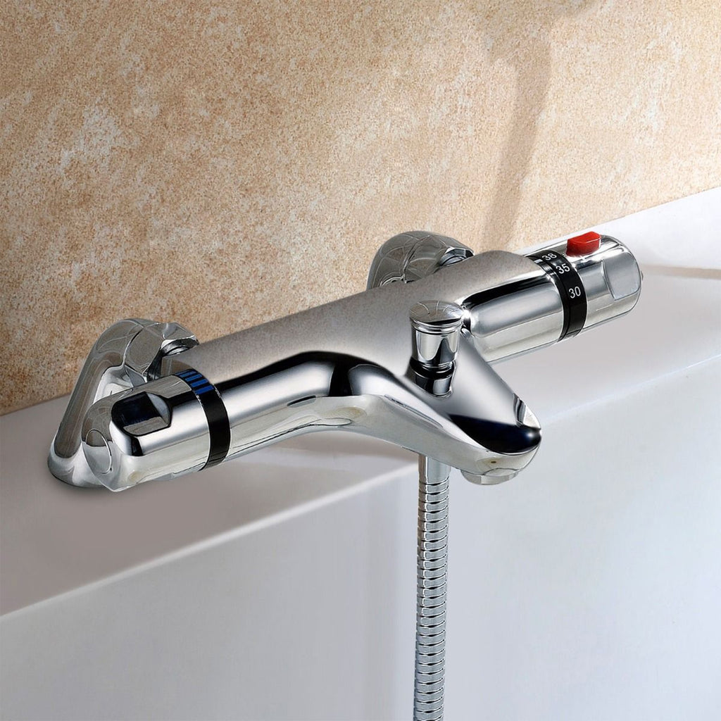 FNX Bathrooms Thermostatic Bath Shower Mixer Tap & Round 3-Way Shower Kit - Polished Chrome