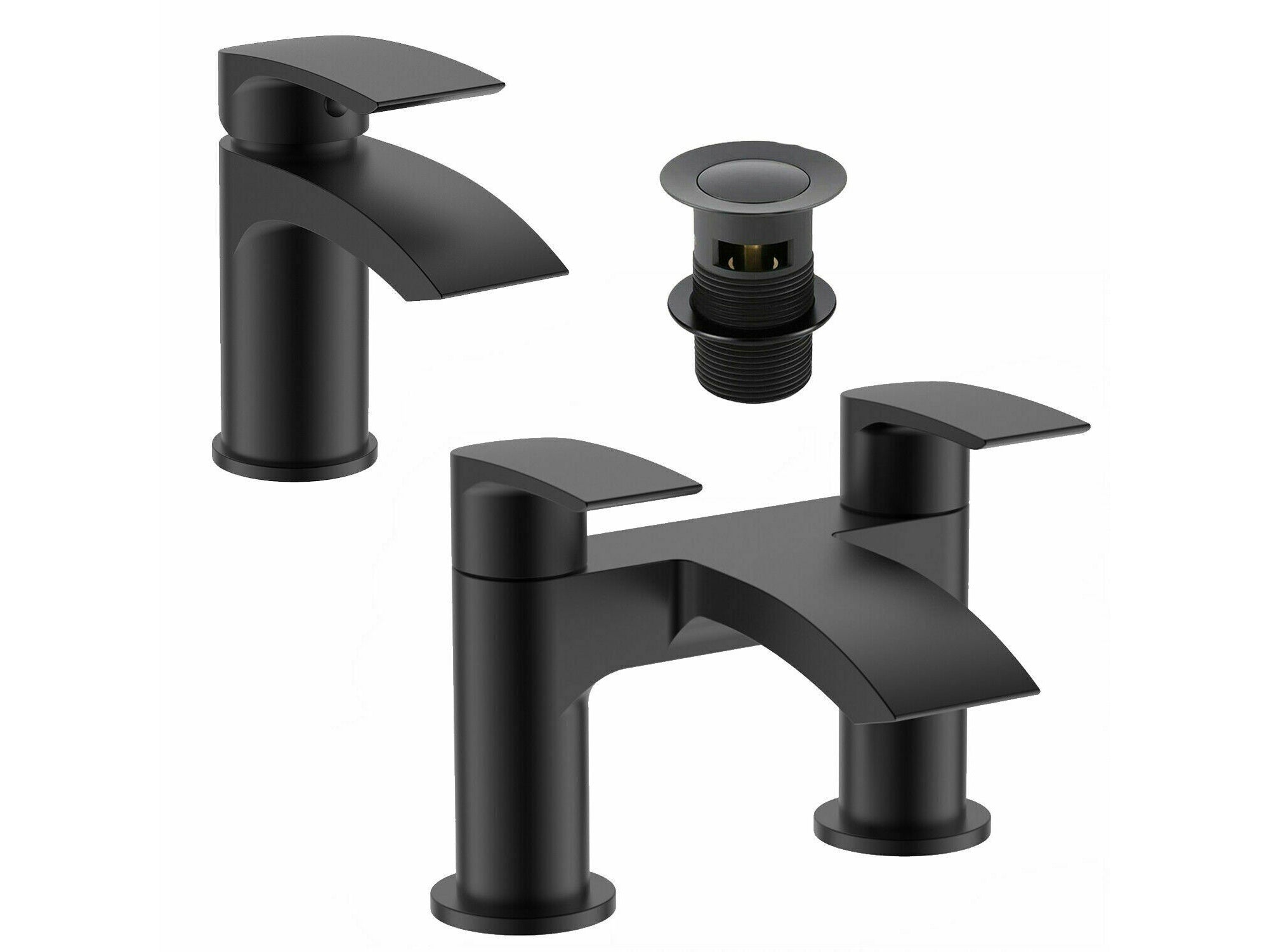 Sleek Matt Black Waterfall Bath Filler & Basin Mixer Tap Solid Brass