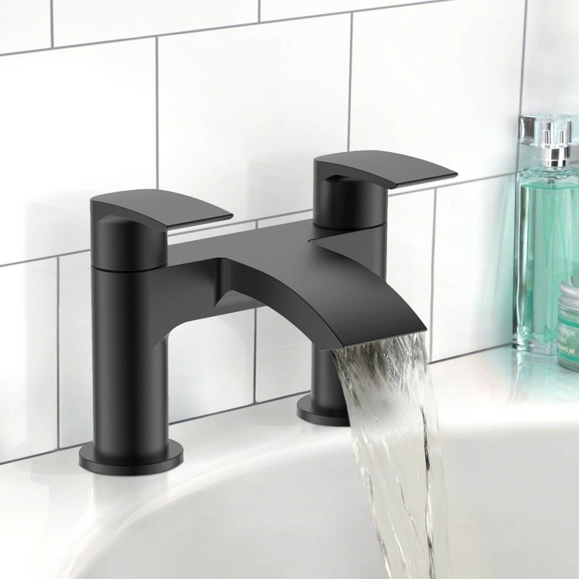 Sleek Matt Black Waterfall Bath Filler & Basin Mixer Tap Solid Brass