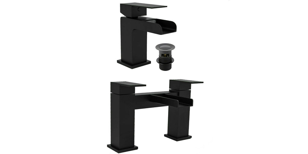 Matt Black Waterfall Bath Filler Tap & Basin Mixer Tap Square