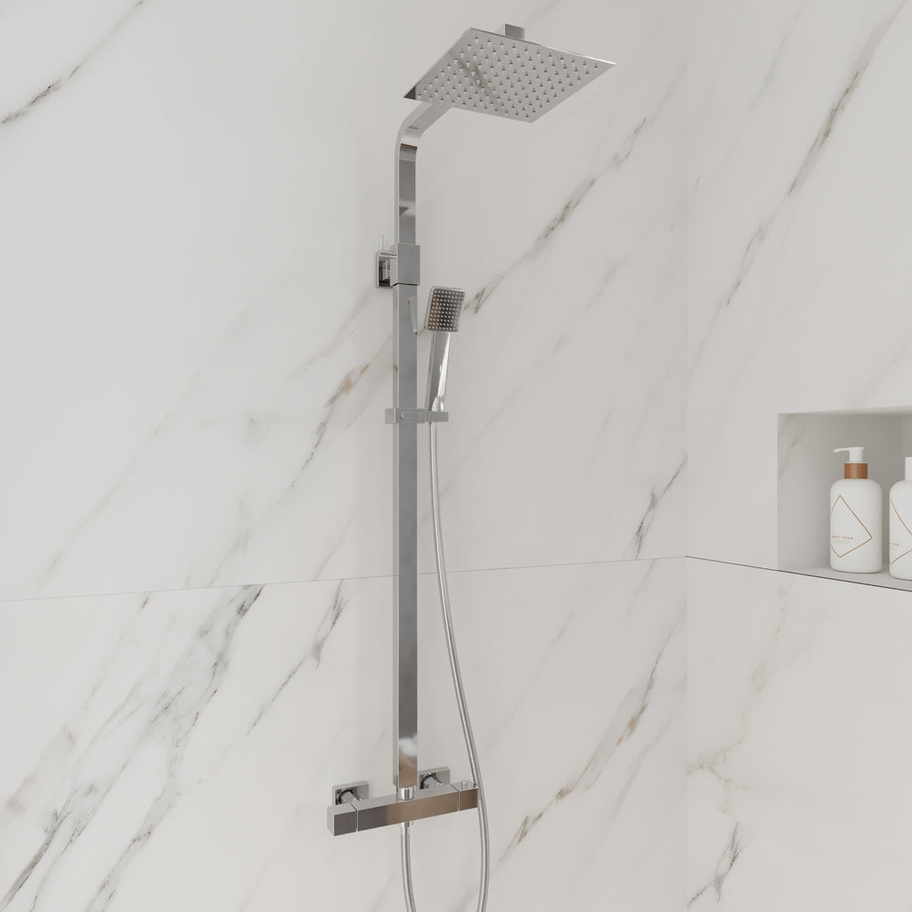 Chrome Square Thermostatic Rainfall Overhead Rigid Riser Shower Kit & Handset - Solid Brass