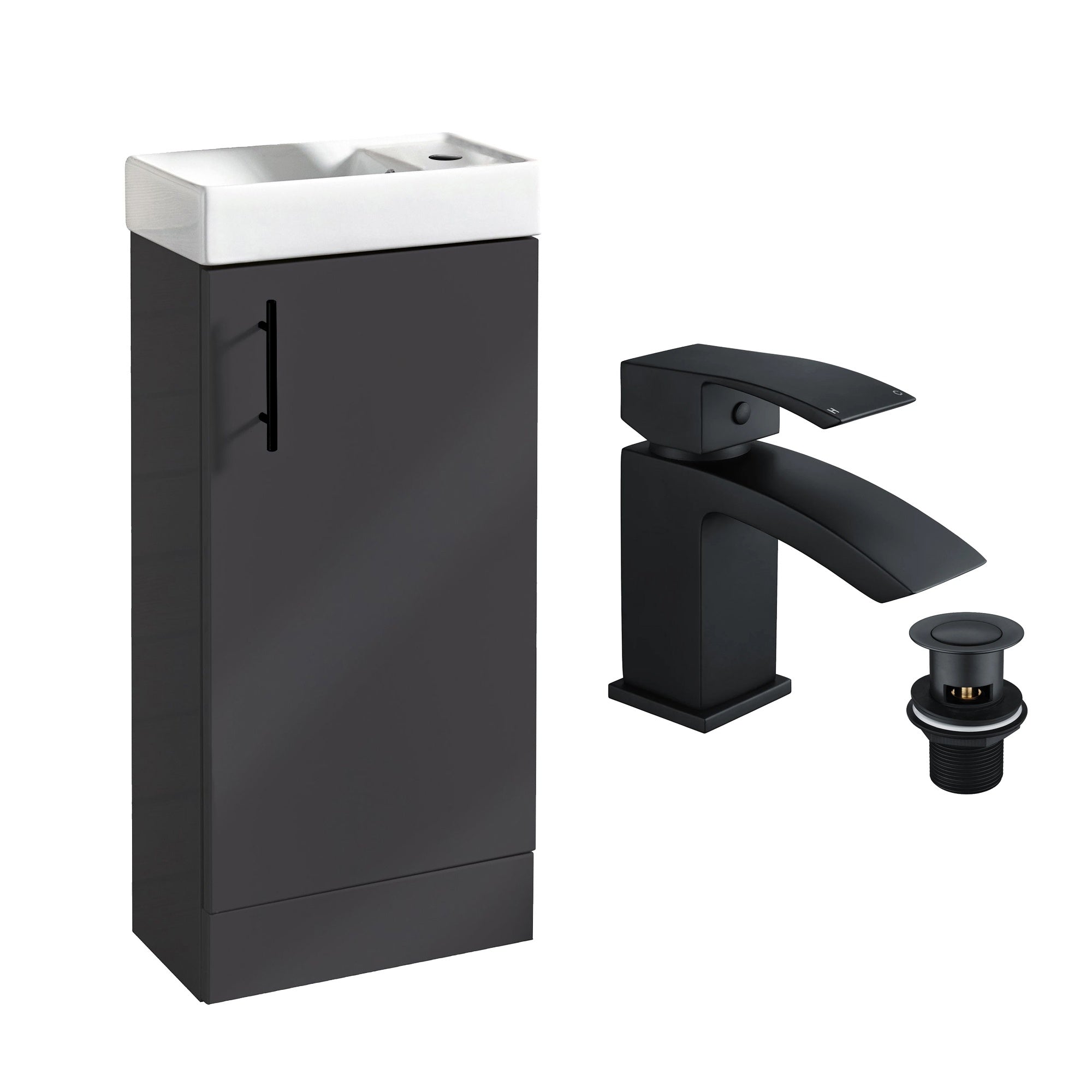 400 Anthracite Cloakroom Vanity Basin Sink Unit with Lucia Matt Black Waterfall Tap & Black Handle