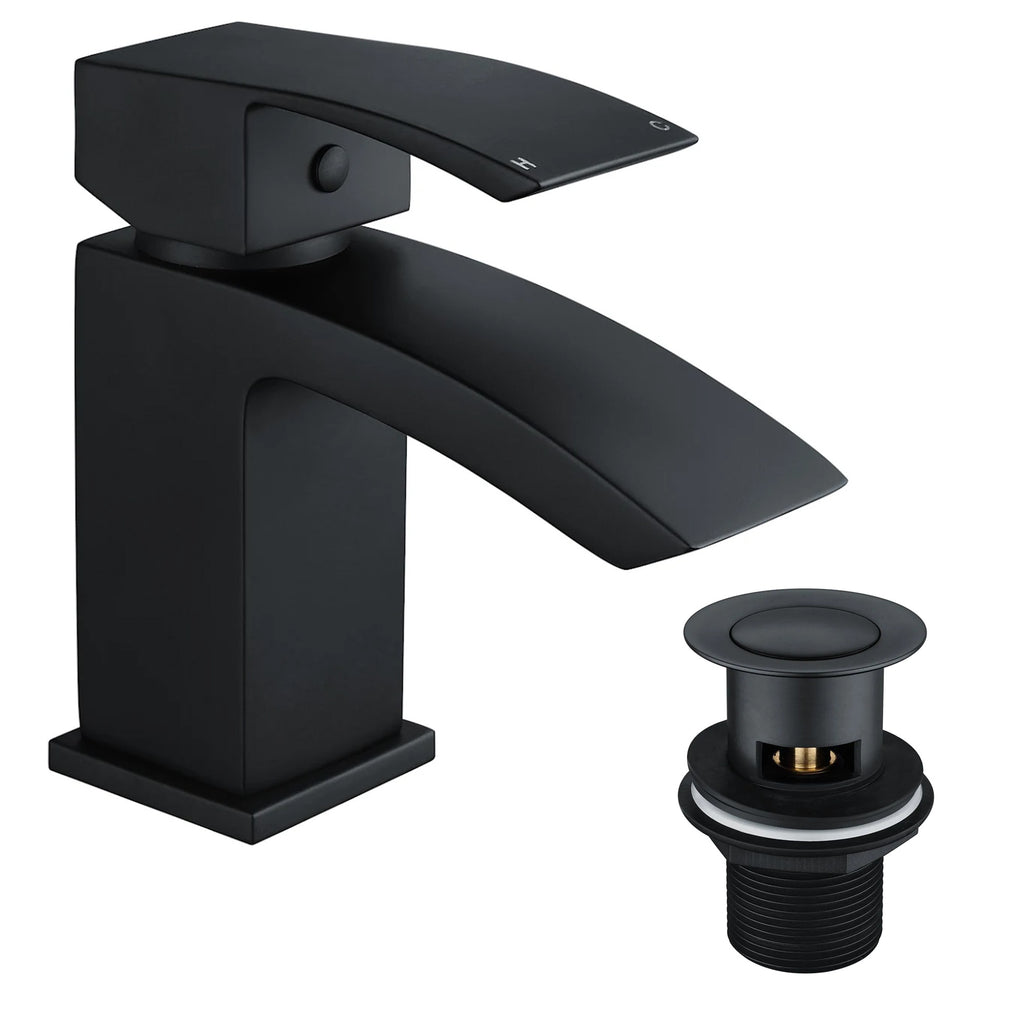 400 Anthracite Cloakroom Vanity Basin Sink Unit with Lucia Matt Black Waterfall Tap & Black Handle