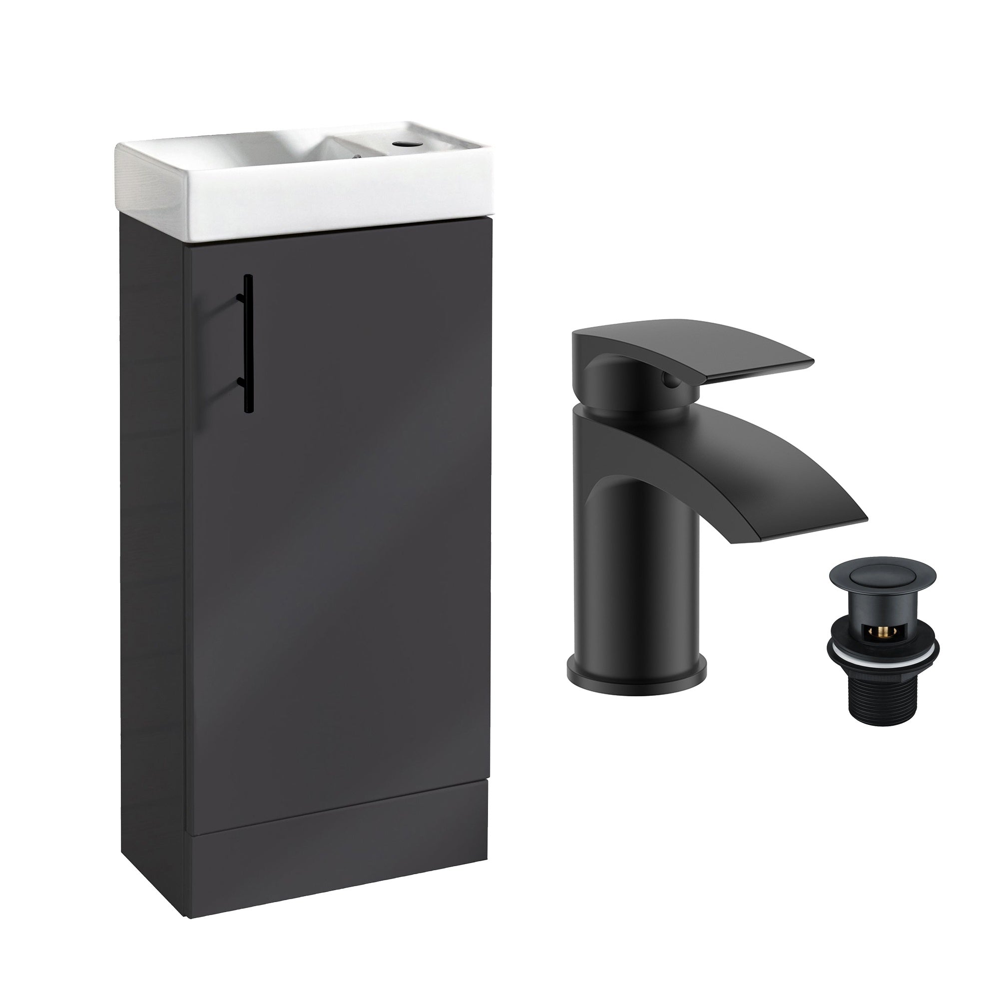 400 Anthracite Cloakroom Vanity Basin Sink Unit with Sleek Matt Black Waterfall Tap & Black Handle
