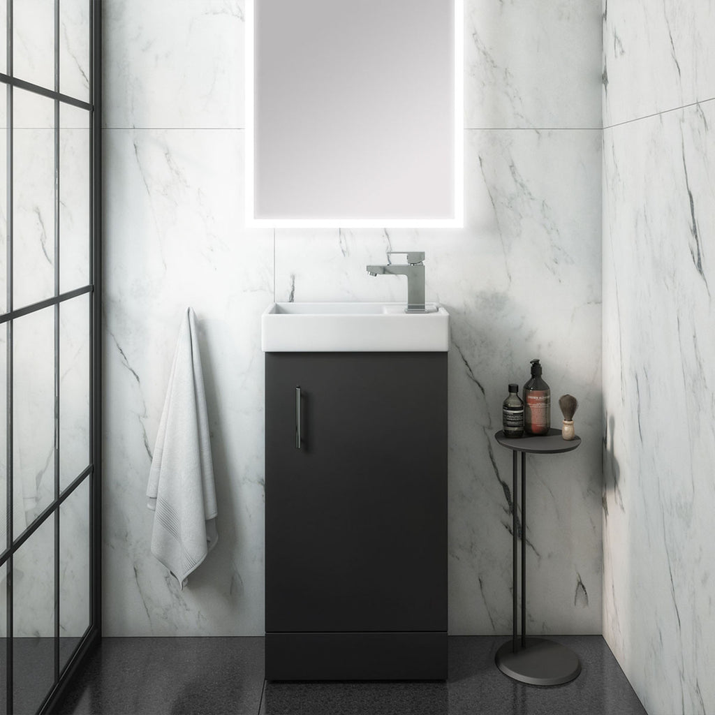 400 Anthracite Cloakroom Vanity Basin Sink Unit with Sleek Matt Black Waterfall Tap & Black Handle