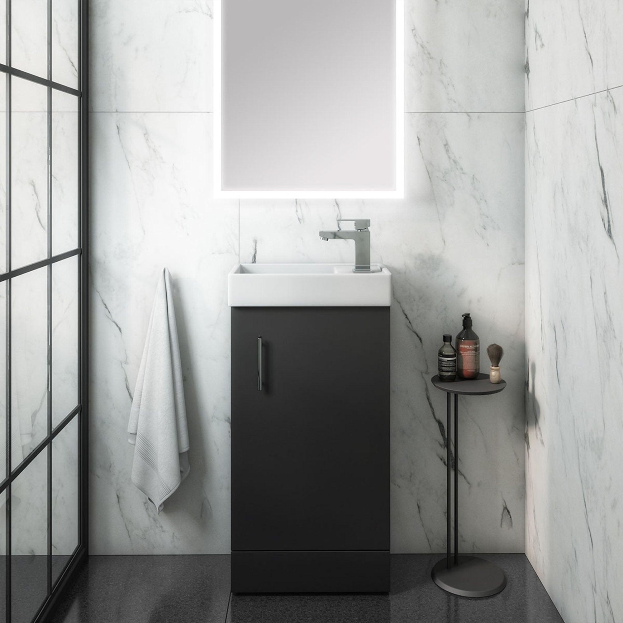 400 Anthracite Cloakroom Vanity Basin Sink Unit with Sleek Matt Black Waterfall Tap & Black Handle