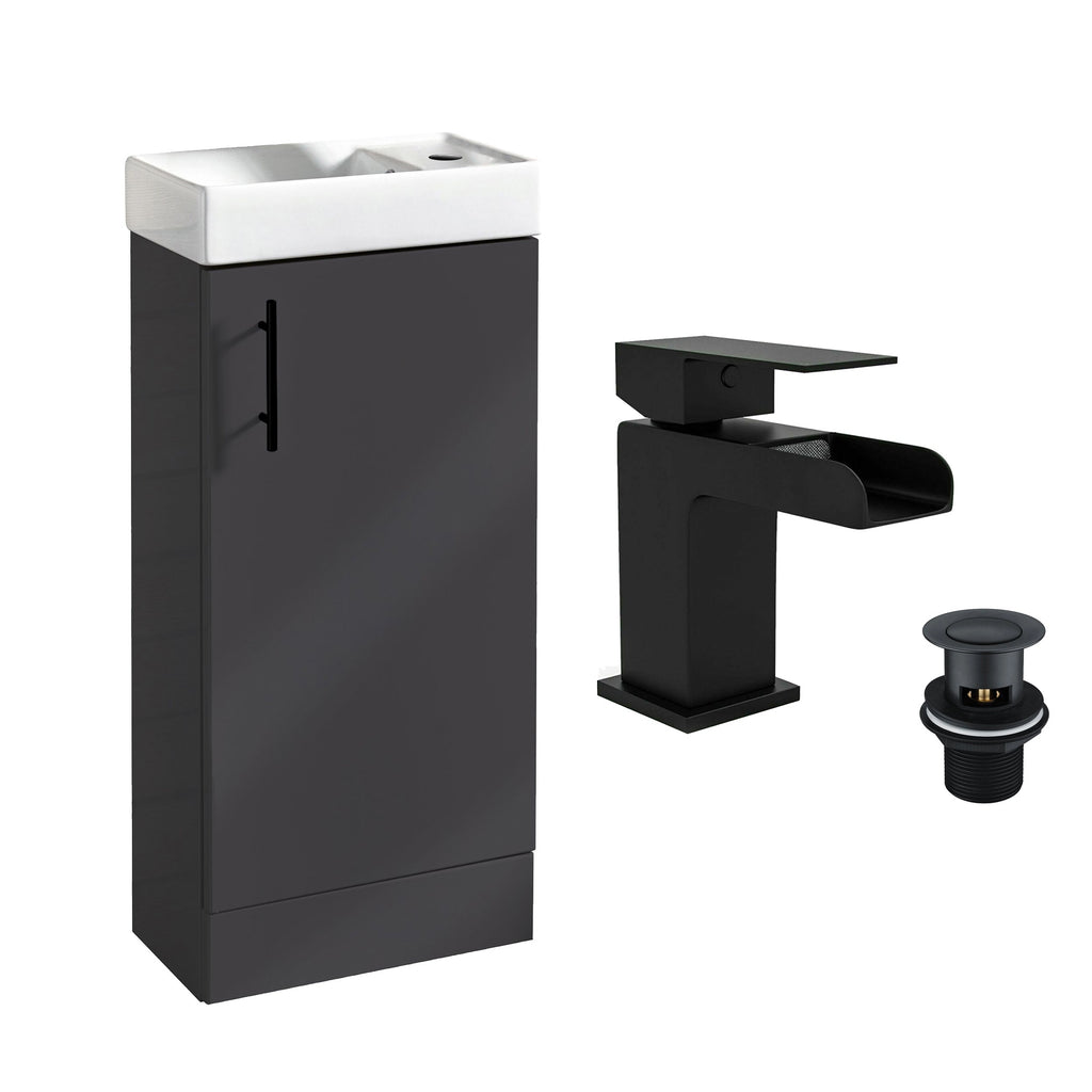 400 Anthracite Cloakroom Vanity Basin Sink Unit with Matt Black Waterfall Tap & Black Handle